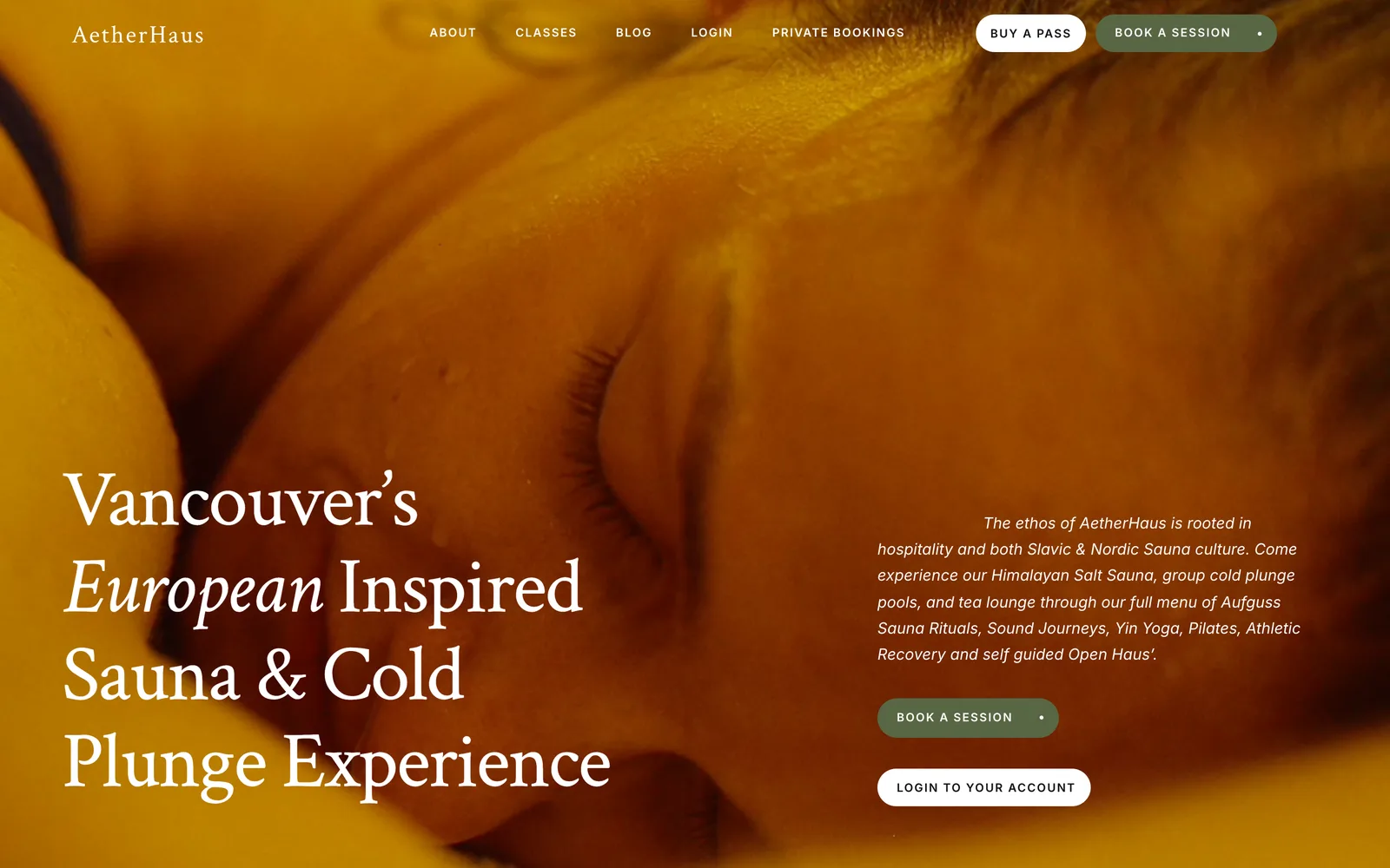 AetherHaus sauna and cold plunge website, designed and built by The 66th
