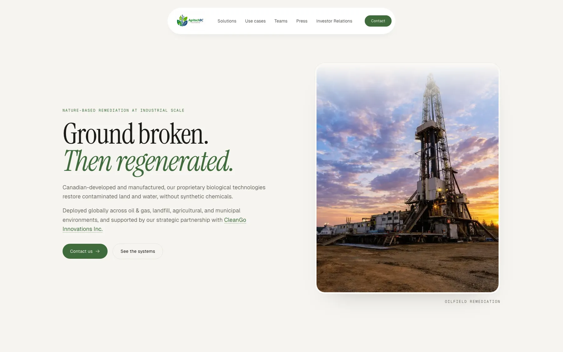 AgritechBC homepage, the line Ground broken. Then regenerated. beside a photograph of an oil rig at sunset