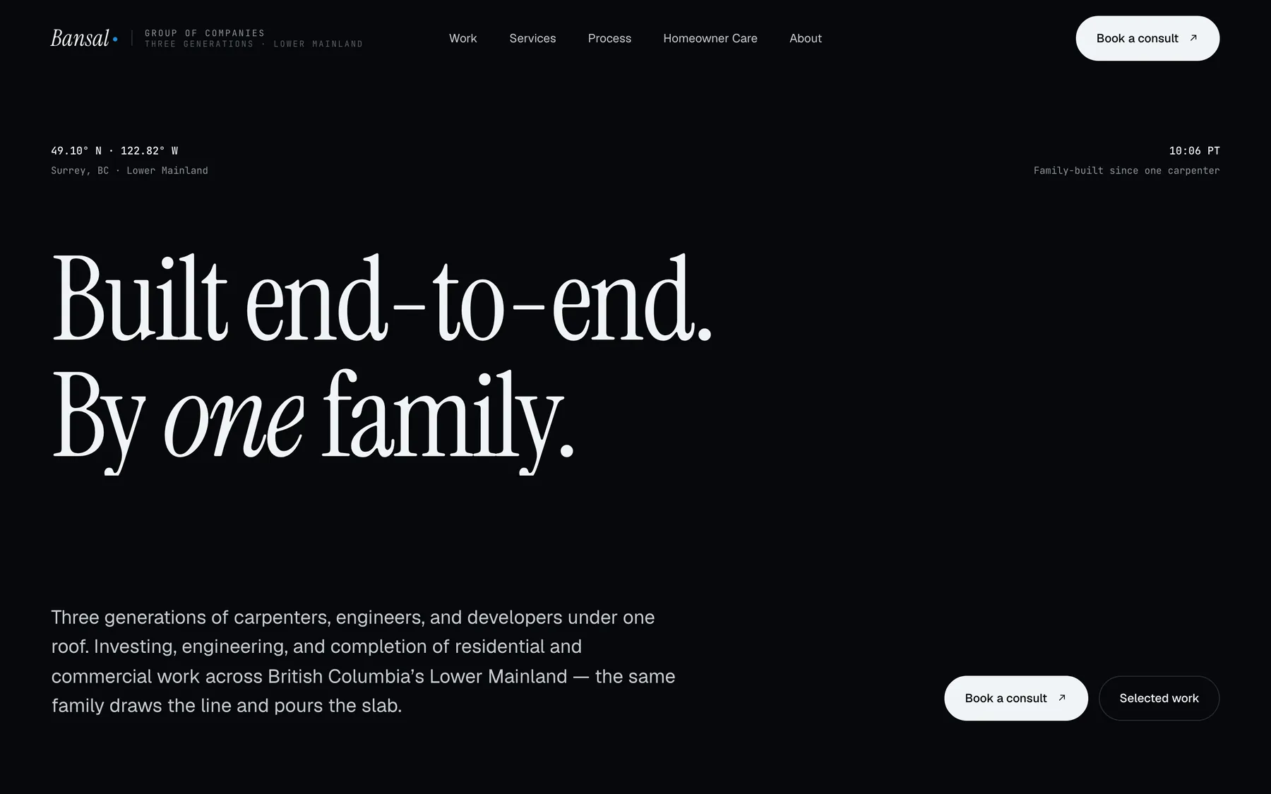 Bansal Group homepage, the line Built end-to-end, by one family, on a near-black ground