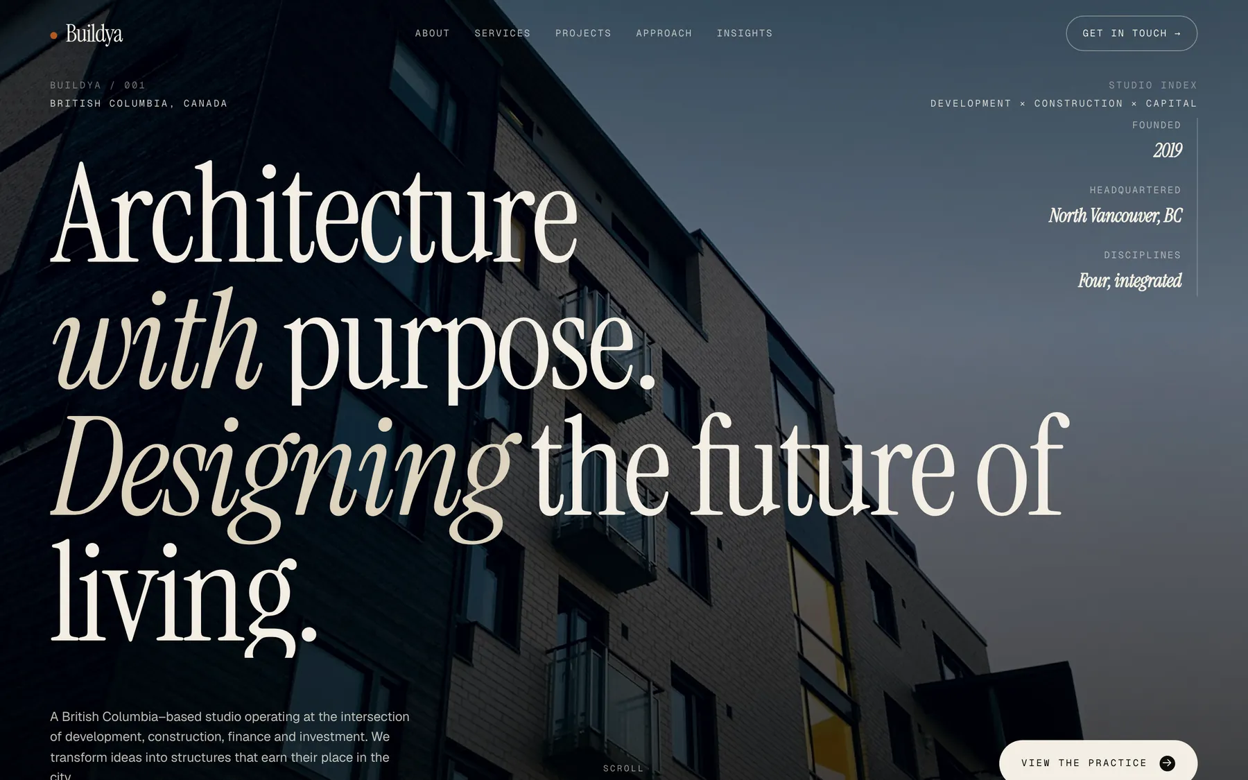 Buildya homepage, the line Architecture with purpose over a photograph of a concrete apartment block
