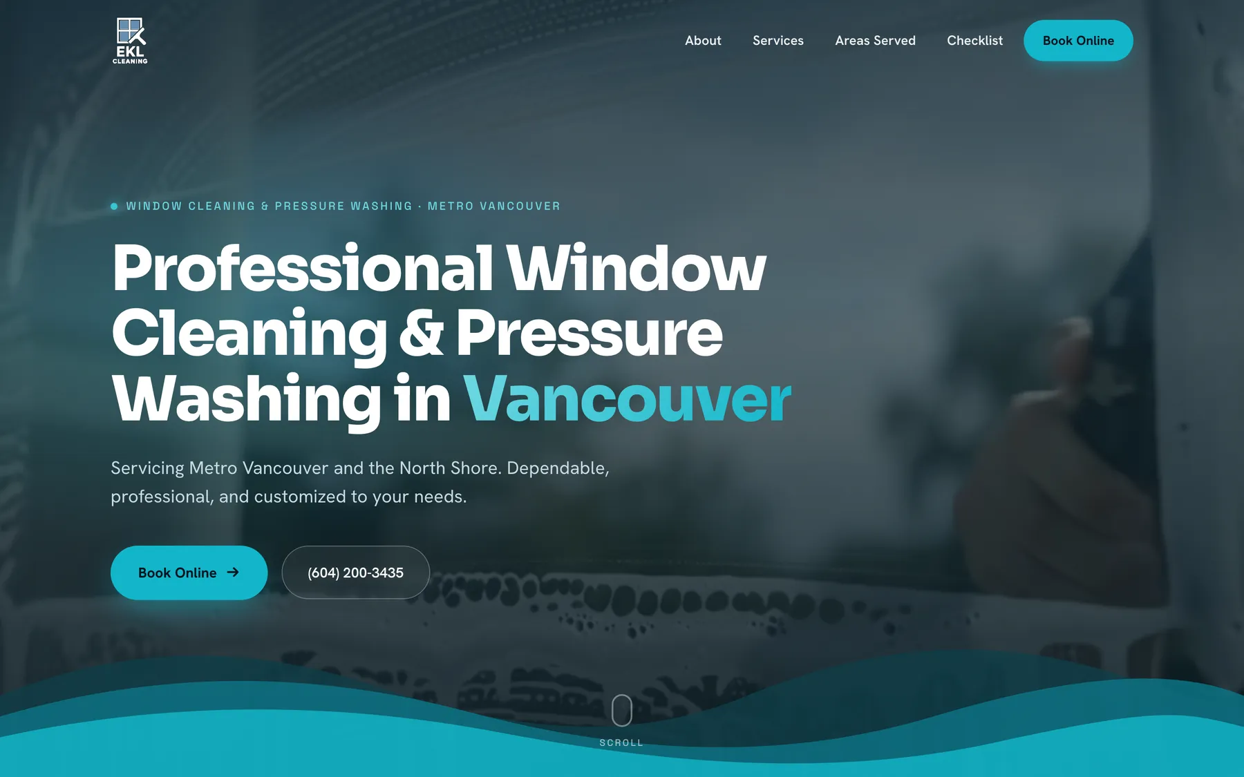 EKL Cleaning homepage, a window cleaner at work behind the line Professional window cleaning and pressure washing in Vancouver