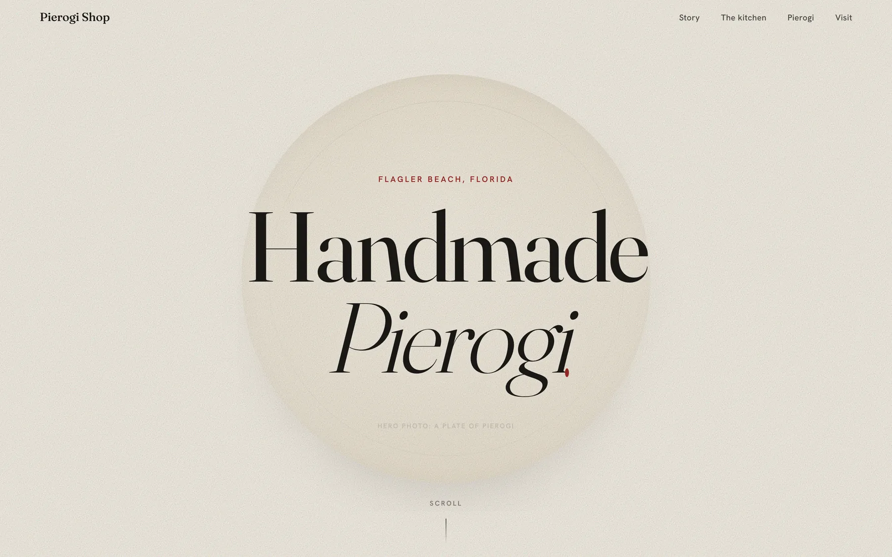 Happy Pounds homepage, the words Handmade Pierogi set in a circle on a cream ground