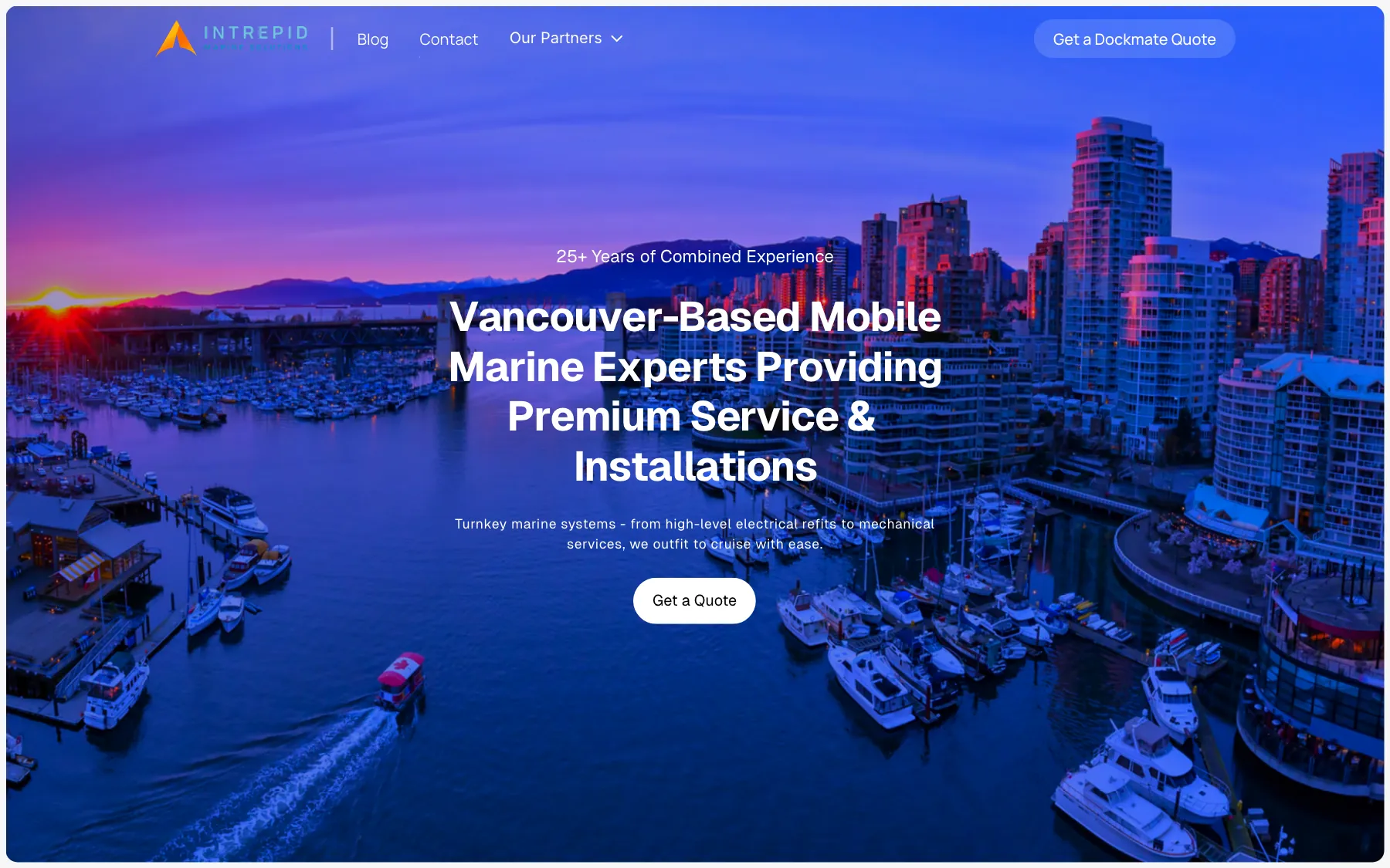 Intrepid Marine homepage, the line Vancouver-based mobile marine experts over a sunset photograph of a marina and the downtown skyline