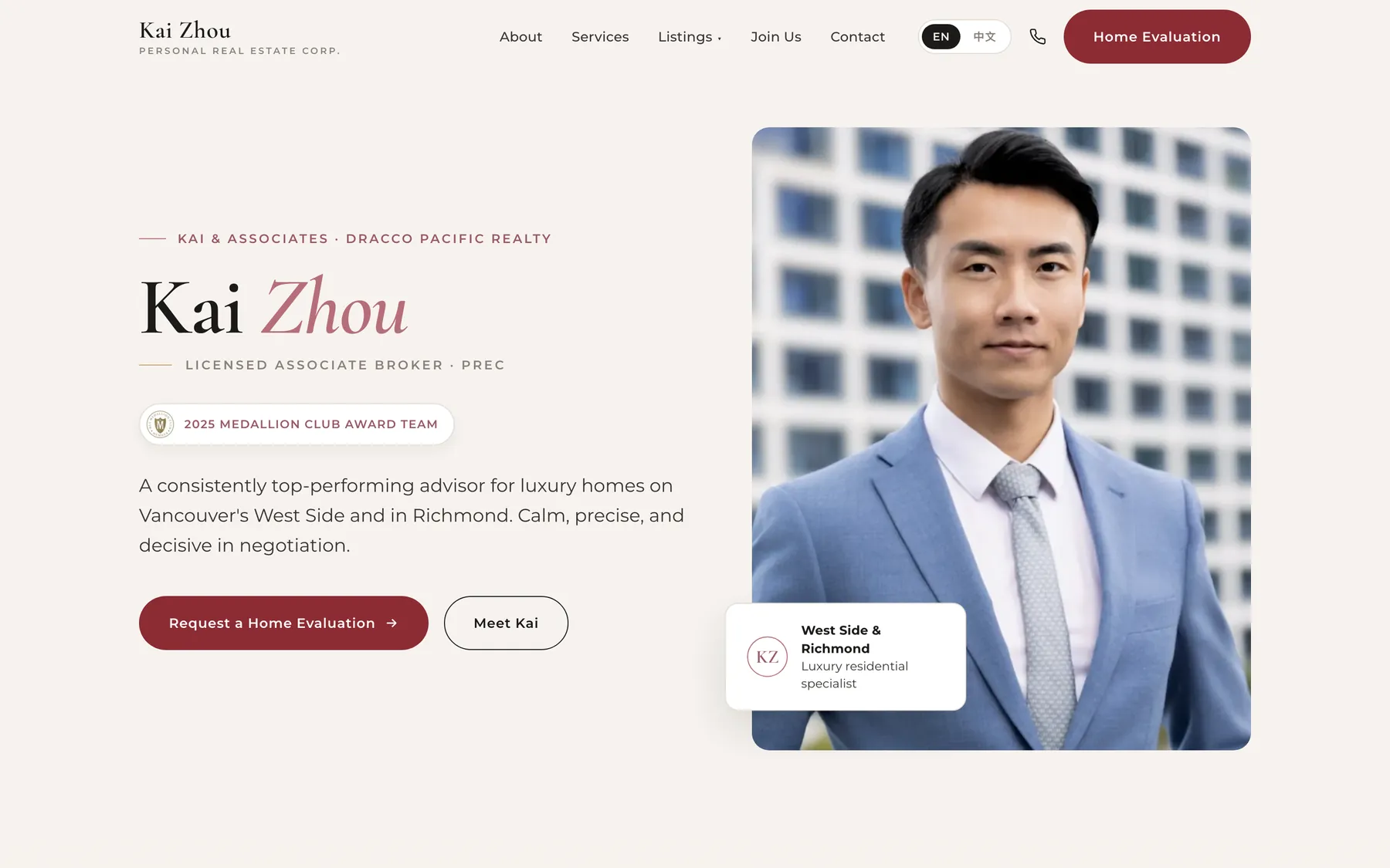 Kai Zhou homepage, a portrait of the agent beside his name and a request a home evaluation button
