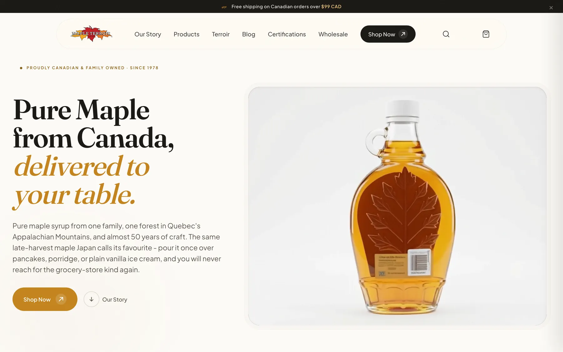 Maple Terroir homepage, a bottle of maple syrup beside the line Pure maple from Canada, delivered to your table