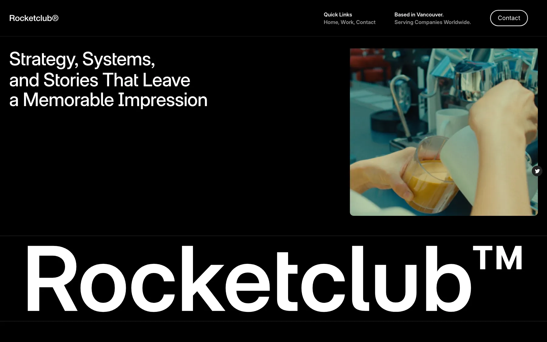 Rocketclub homepage, the line Strategy, systems, and stories that leave a memorable impression beside a photograph of coffee being poured, over the Rocketclub wordmark