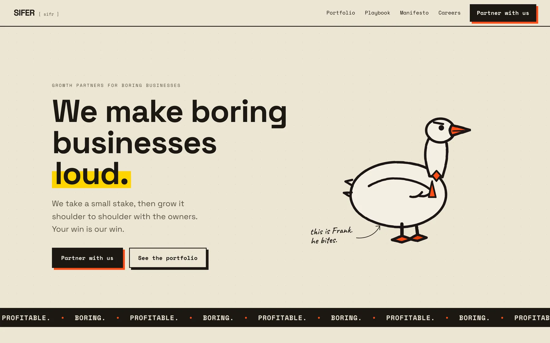 Sifer homepage, the line We make boring businesses loud, beside a line drawing of a goose