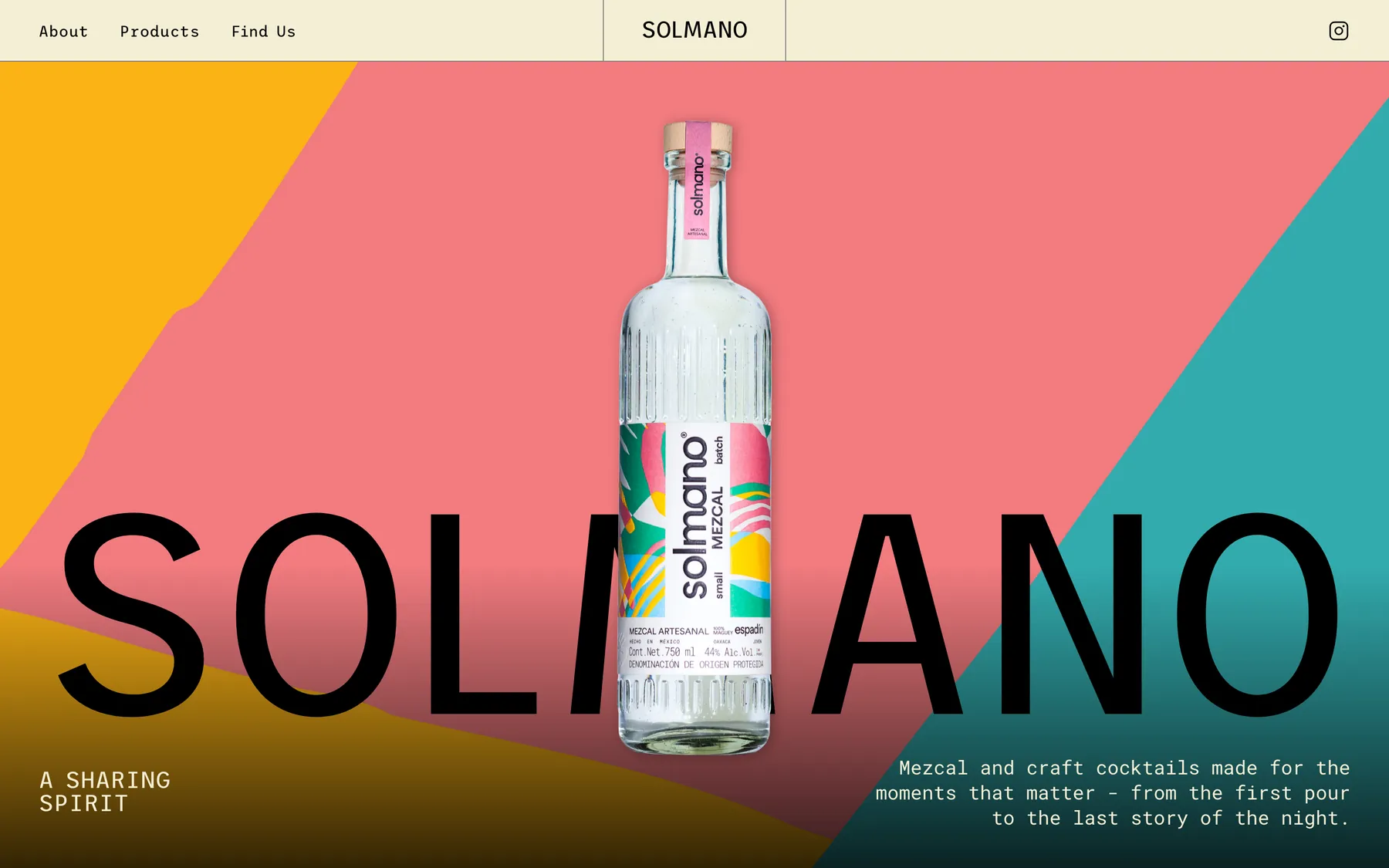 Solmano homepage, a mezcal bottle on blocks of pink, teal and gold with the brand name set across the width