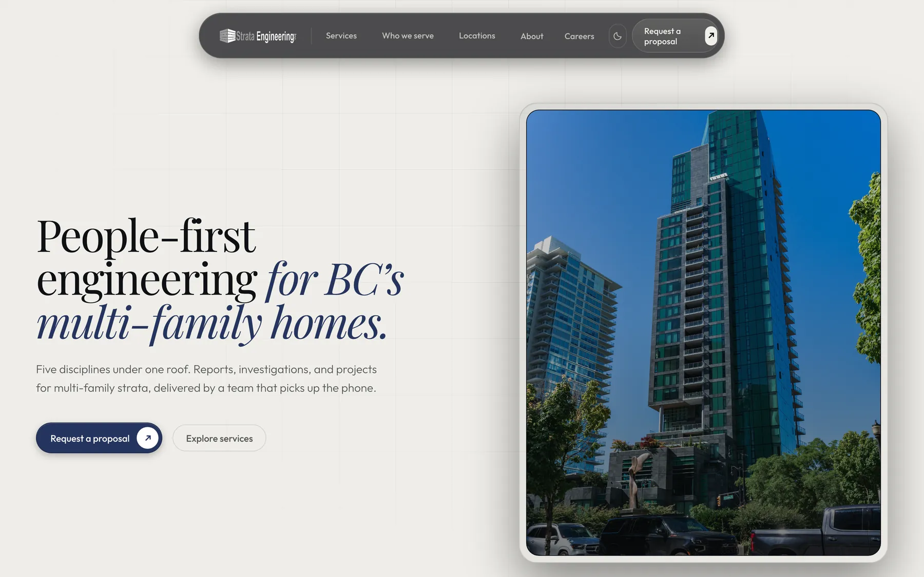 Strata Engineering homepage, the line People-first engineering for BC's multi-family homes, beside a photograph of a tower