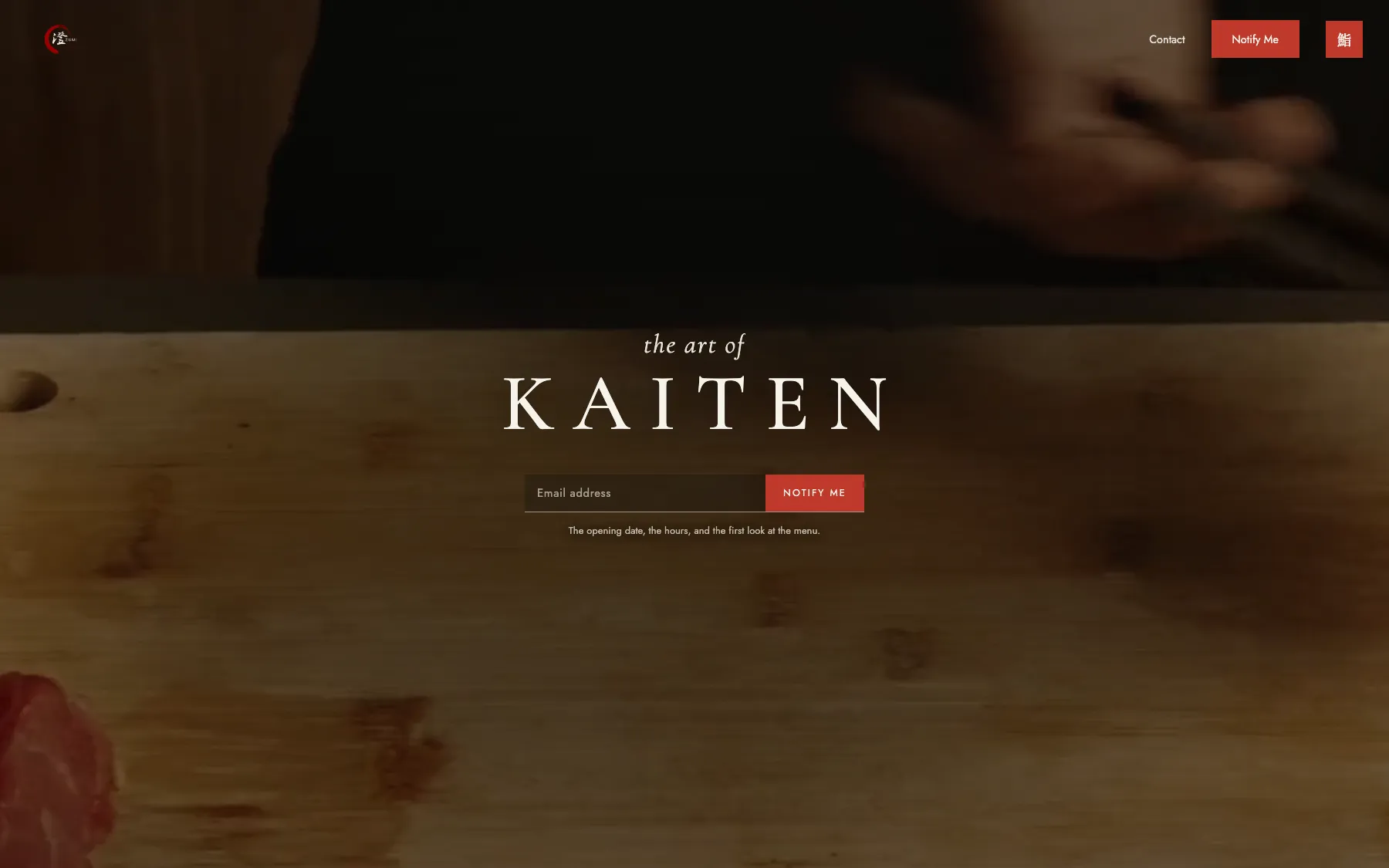 Zumi homepage, the words the art of Kaiten over a chef's hands and a wooden counter, with an email field to be told the opening date