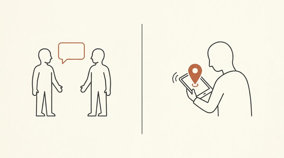 Two people share a recommendation in conversation on the left, a person sees a business pin surface on a device on the right, the word of mouth that AI citations now carry.