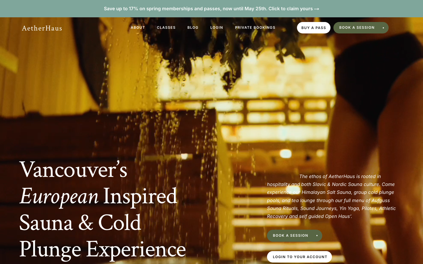 AetherHaus live site in May 2026: warm sauna imagery, headline reading Vancouver's European Inspired Sauna and Cold Plunge Experience, full navigation with classes, blog and bookings