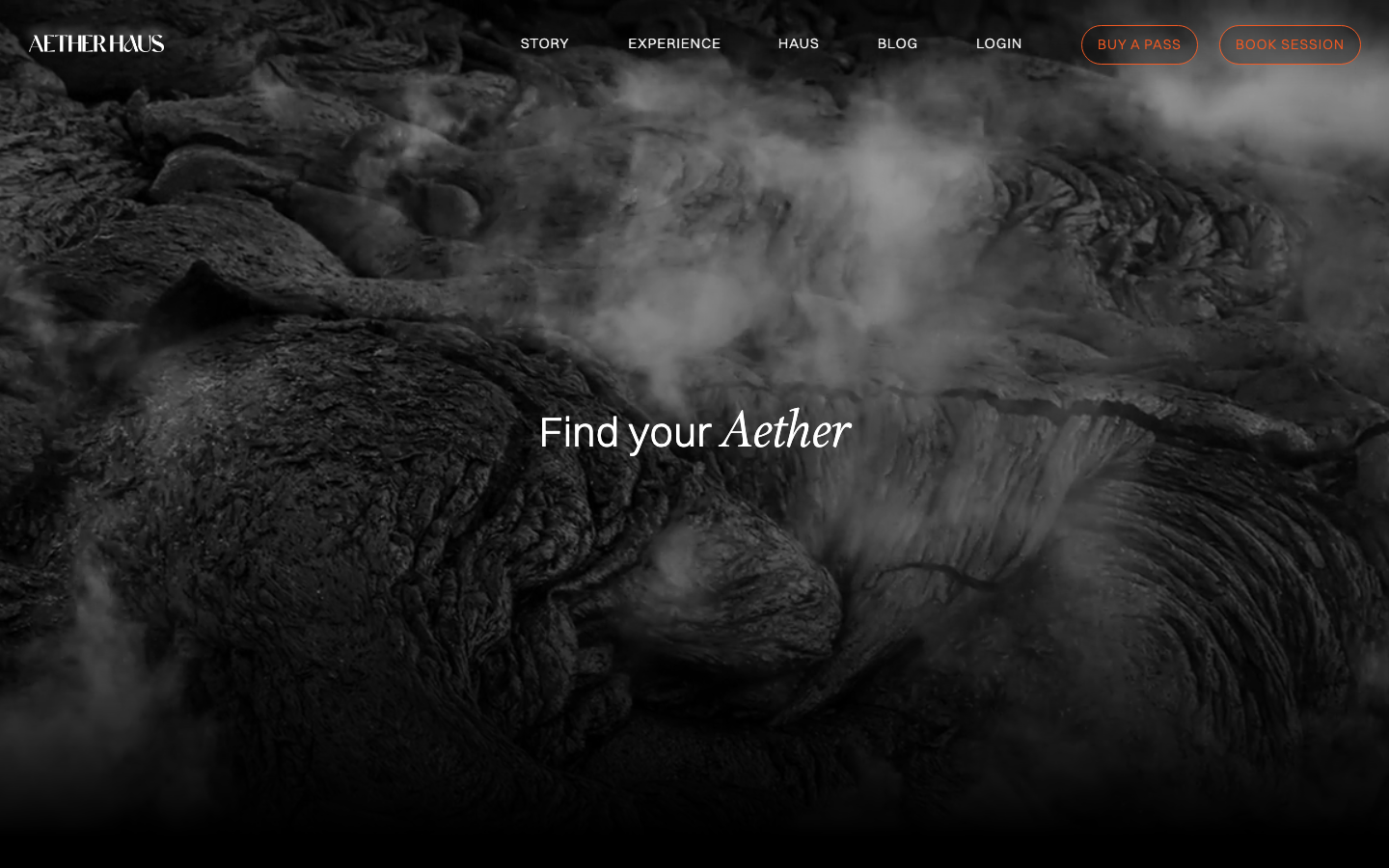 AetherHaus website in September 2025: dark sauna stone background with Find your Aether tagline, full navigation across Story, Experience, Haus, Blog, Login, Buy Pass and Book Session