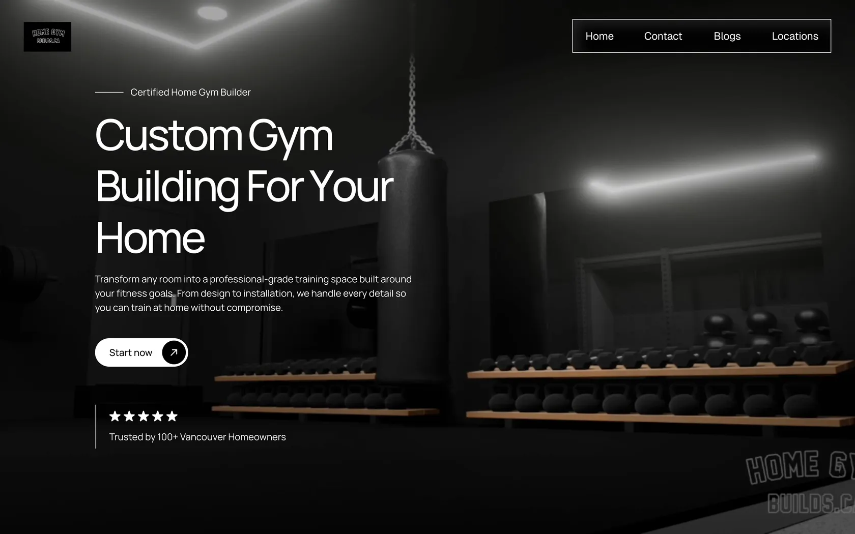 Home Gym Builds website homepage, a custom home gym builder in Vancouver